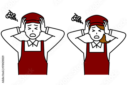 頭を抱えて悩むカフェの店員　セット