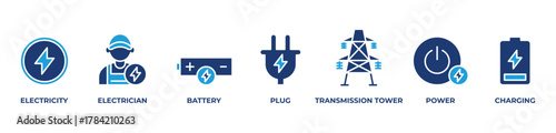 BrightPower Systems Icons set vector illustration blue with Electricity , Electrician, Battery, Plug, Transmission tower, Power, Charging