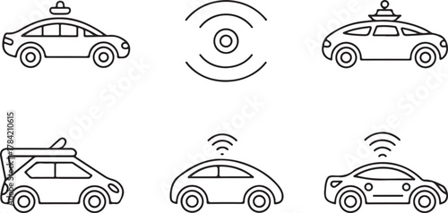Self-Driving and Autonomous Car Line Icons Set: Future Mobility, Sensor Technology, and Smart Vehicles