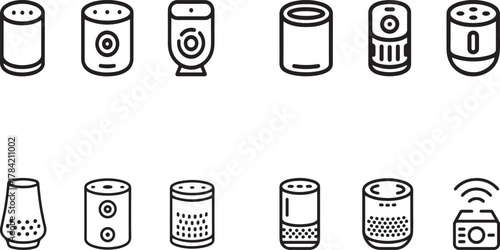 Set of Smart Speaker and Voice Assistant Outline Icons - IOT Technology Vector