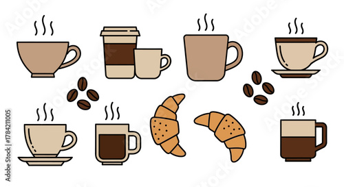 Savor delicious steaming coffee cups and golden croissants perfect for morning cafe promotions and breakfast menus