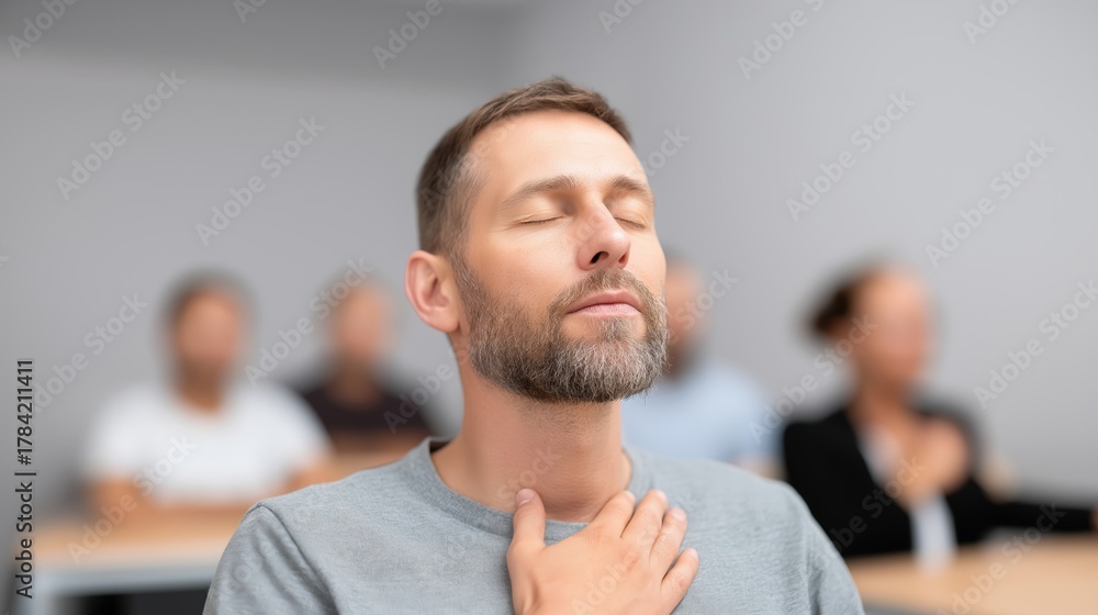 Fototapeta premium Adult man focuses on breathing techniques for relaxation in a classroom setting while others observe
