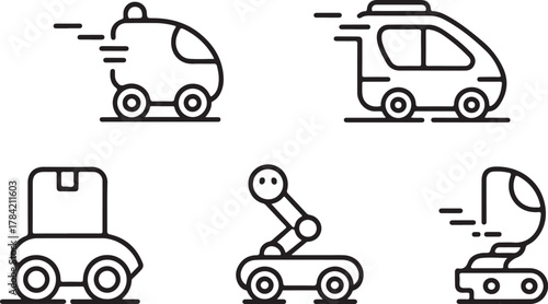 Autonomous Robot and Last Mile Delivery Vehicle Outline Vector Icon Set