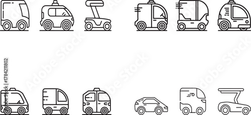Big Set of Autonomous Self-Driving Car Outline Icons - Future Transportation Vector