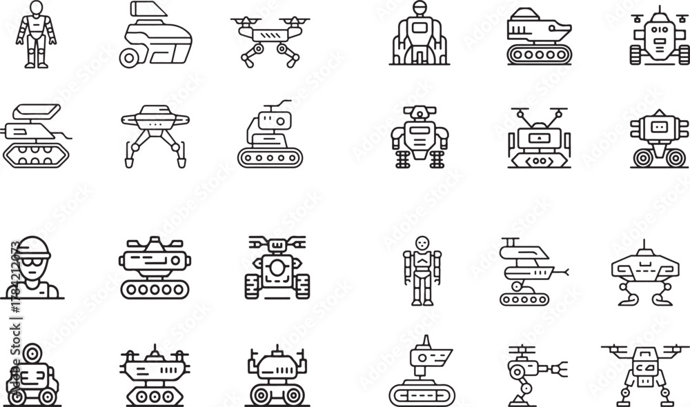 Fototapeta premium Big Set of Futuristic Robot, Drone, and Military Machine Outline Icons - AI Technology Vector