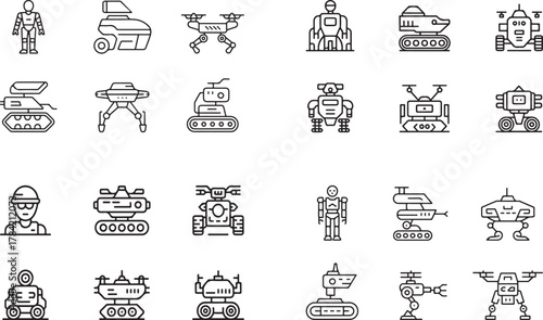 Big Set of Futuristic Robot, Drone, and Military Machine Outline Icons - AI Technology Vector