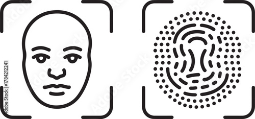 Biometric Security Line Icons: Face Recognition and Fingerprint Scan for Digital Access