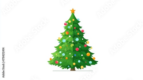  Christmas tree, festive element, flat vector design, bright green with colorful baubles, isolated on white background.