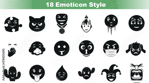 Collection of black and white emoticon style vector graphics
