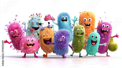 A whimsical depiction of a bacteria party, animated characters, joyful expressions, isolated on white background. 