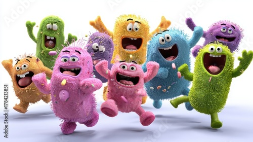A whimsical depiction of a bacteria party, animated characters, joyful expressions, isolated on white background. 
