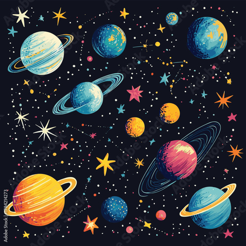 A colorful illustration of planets, stars, and constellations on a dark background, featuring various celestial bodies in vibrant hues   , vector style simple color