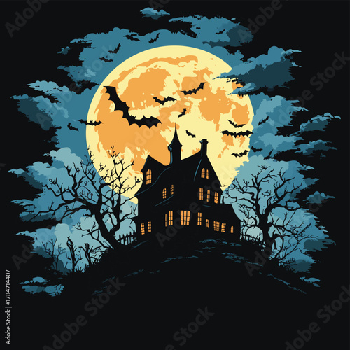 A spooky night scene featuring a haunted house silhouette against a full moon, surrounded by dark clouds and flying bats.   , vector style simple color