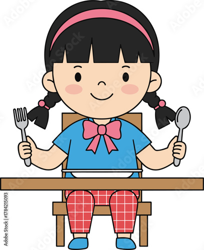 Cartoon child at dining table, smiling girl, mealtime moment, fork and spoon, playful illustration, pink bow, cheerful expression, food time, colorful background, happy kid