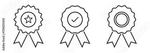 Badge with ribbon icon collection. Ribbon, Badges with star, Tick mark symbol. Vector Illustration. Black Color set Badge. EPS 10.