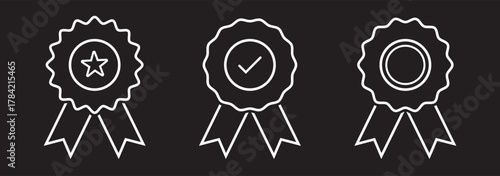 Badge with ribbon icon collection. Ribbon, Badges with star, Tick mark symbol. Vector Illustration. Black Color set Badge. EPS 10.