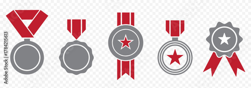 Medal set with ribbon. Red award badges. Achievement label. Winner Prize. Competition Trophy. Vector seal collection in flat style. With Badge Star. Vector Illustration. EPS 10.