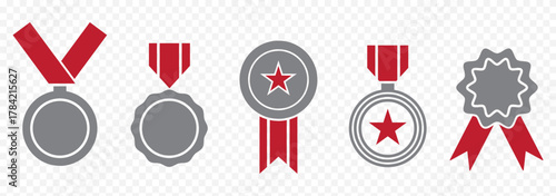 Medal set with ribbon. Red award badges. Achievement label. Winner Prize. Competition Trophy. Vector seal collection in flat style. With Badge Star. Vector Illustration. EPS 10.