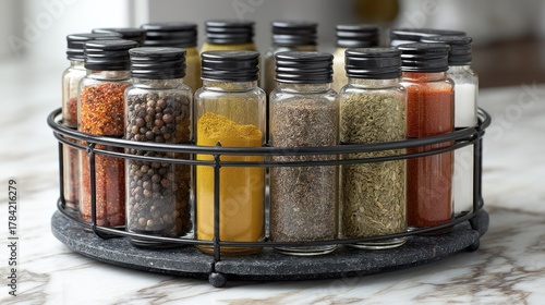 Fototapeta Naklejka Na Ścianę i Meble -  A spice rack with various spices in jars, including black pepper, paprika, and salt, arranged in a circular pattern on a stone surface.