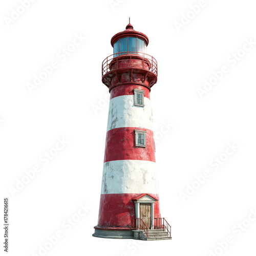 Red and White Striped Lighthouse with Wooden Door and Stairs Isolated beacon maritime, Png Transparent, Isolated on White