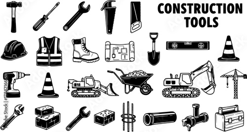 Construction Tools Clipart Set: Vector Icons of Hammer, Wrench, Excavator, Helmet and More for Building, Renovation and Repair
