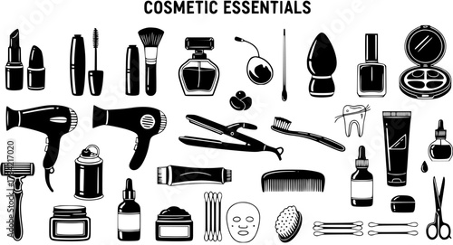 Cosmetic Essentials Black and White Silhouette Vector Icon Set for Beauty, Personal Care, and Grooming Products, Isolated on White Background