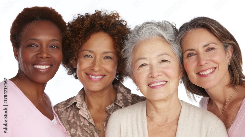 Fototapeta premium Four diverse women of different ages and ethnicities smiling and posing together in a studio setting.