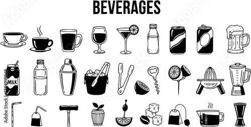 Hand drawn doodle style beverage and bar tools icon set. Collection of various drinks like coffee, tea, milk, juice, soda, beer, wine, cocktails and related equipment.
