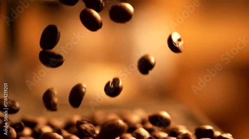 Close-up of coffee beans falling into a grinder, warm tones creating a cozy atmosphere