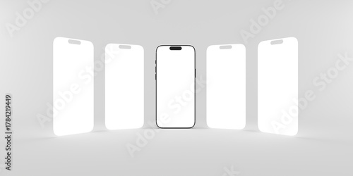 Phone five screens for mockup displayed in a curve forming. Front view of a mobile phone with empty screen ready for place your designs.