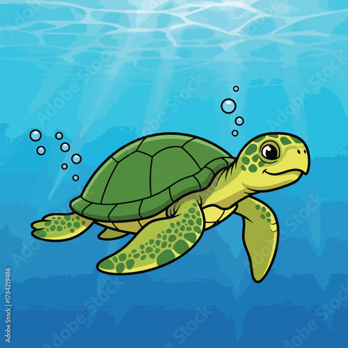 A cute cartoon green sea turtle swimming underwater in the blue ocean with light rays shining through.