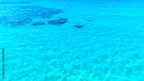 Crystal-clear turquoise waters gently ripple under a bright sun, revealing underwater life