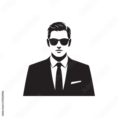 High-Contrast Minimalist Illustration of Man in Suit, Tie and Sunglasses