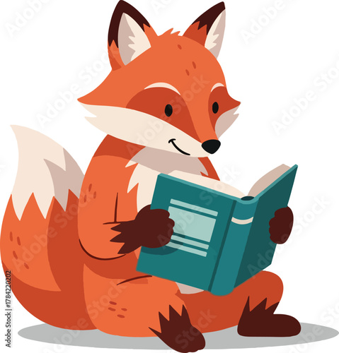 Cartoon fox reading a book with a smile, sitting down and holding the book open.