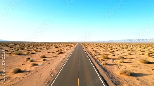 Expansive desert highway stretching into the horizon under a clear blue sky, showcasing solitude