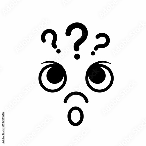 Confused face expression with question marks above the head. Doubt concept