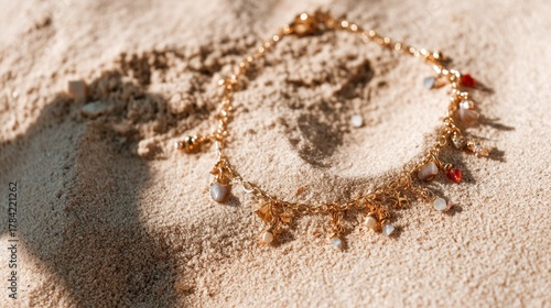 Fototapeta Naklejka Na Ścianę i Meble -  A gold bracelet with various charms and beads, lying on a sandy beach with a sun reflection on it.