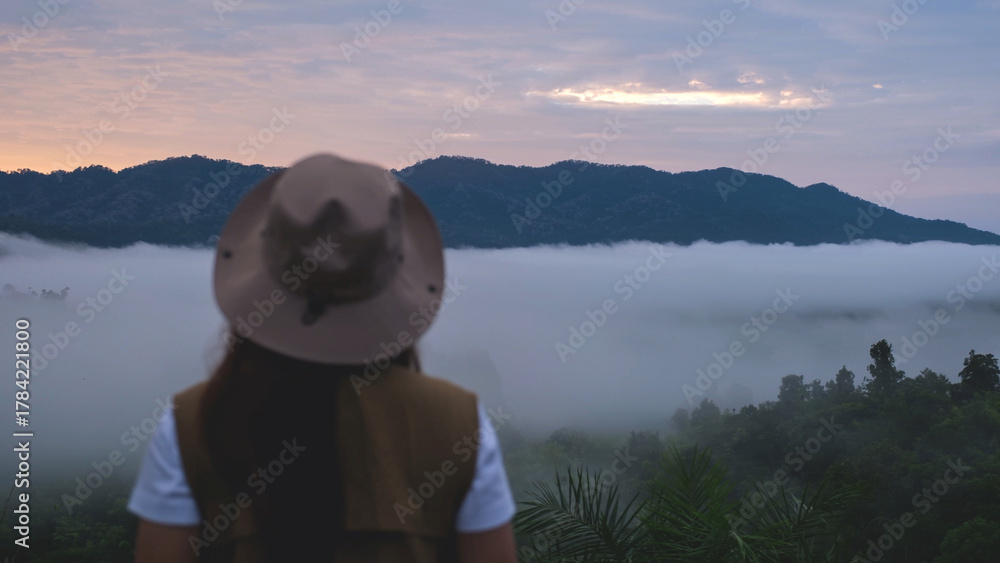 Naklejka premium Blurred rear view of a woman looking at the sea of fog and mountain views