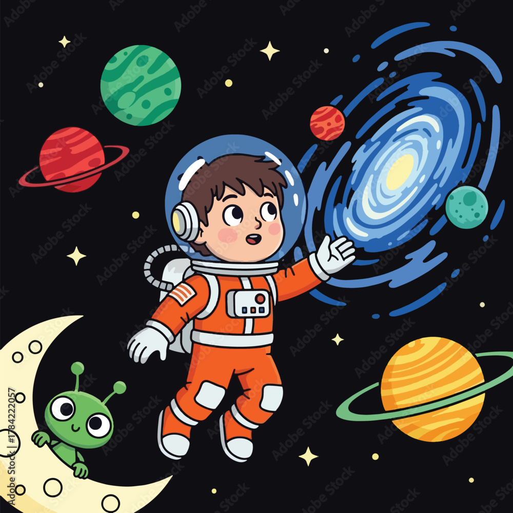 Naklejka premium A young astronaut in an orange spacesuit floats in outer space, reaching towards a swirling galaxy, with planets, stars, and a friendly alien on the moon.