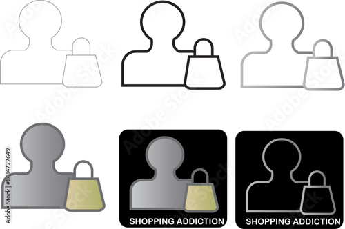 Conceptual illustration of shopping addiction, presented in various minimalist and gradient styles
