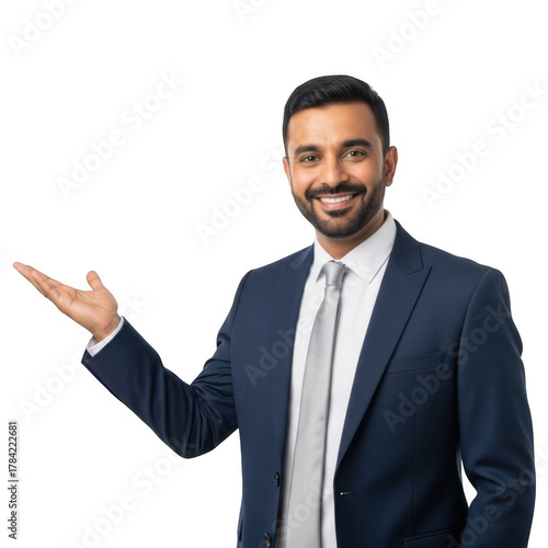 Smiling businessman in a dark suit and light tie gesturing with his open palm isolated on transparent background