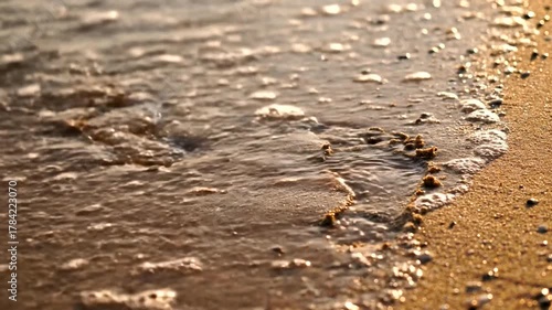 Tranquil beach scene with gentle waves lapping at the shore, leaving footprints in the sand