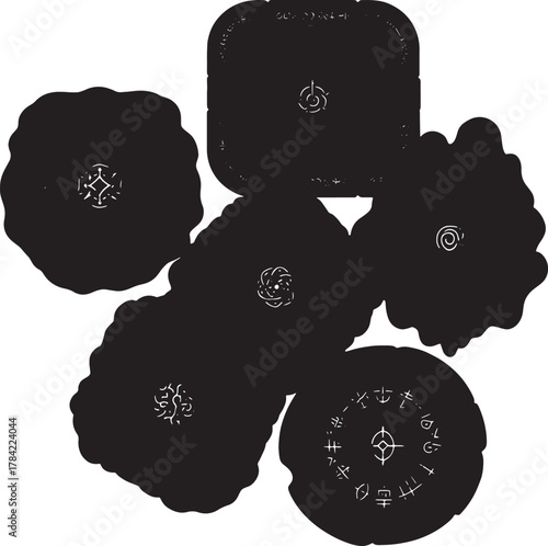 Mysterious Glyphs and Celestial Shapes: An abstract illustration showcasing an intriguing arrangement of mysterious glyphs etched upon varying geometric shapes. These shapes.