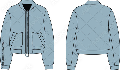 Cad drawing flat vector illustration, quilted bomber jacket sketch, fashion design template, garment construction outline, front back view apparel design