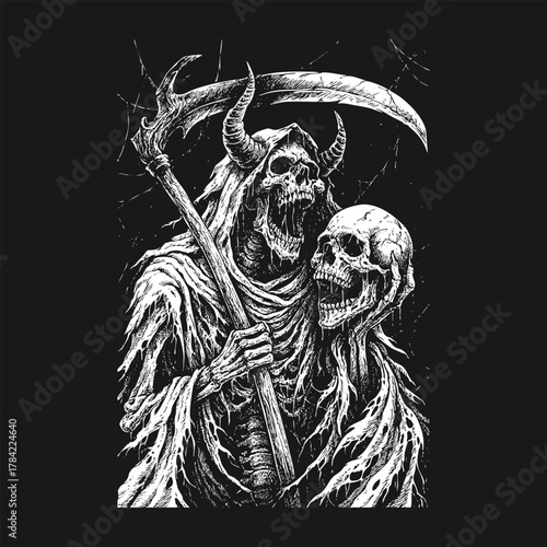 Dark Gothic Reaper Holding a Human Skull in a Dramatic Horror Themed Illustration