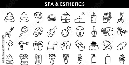 Hand-drawn Doodle Spa  Esthetics Icons Set: Wellness, Beauty, and Relaxation Treatments for Personal Care and Salon Services