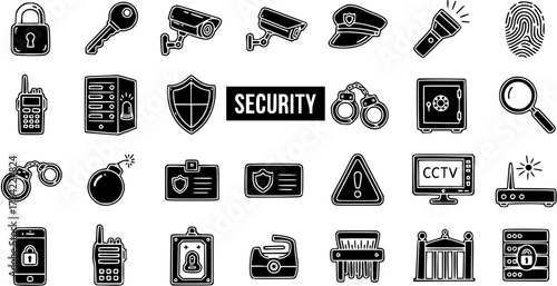 Security Icons Set - Black and White Vector Collection for Protection, Surveillance, and Access Control Themes