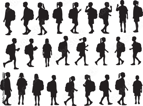 School Children Silhouette Collection – Diverse Kids with Backpacks Walking to School Vector Illustration