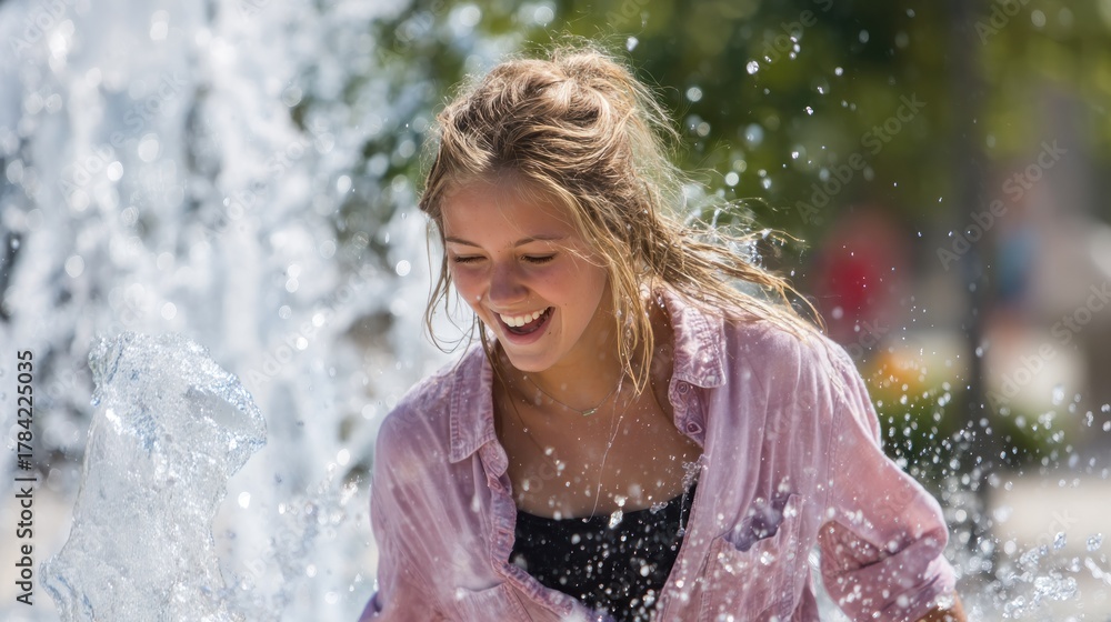 Obraz premium A young woman splashing in a fountain, wearing a pink shirt, with water droplets in her hair.