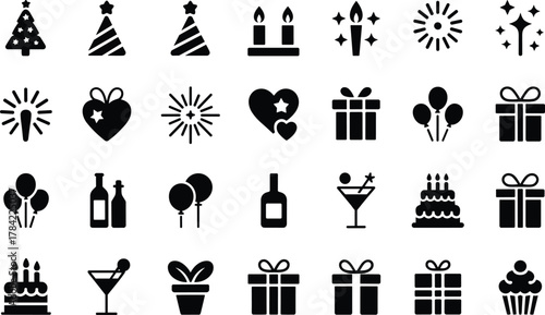 Celebration icons, cakes, cupcakes, balloons, gifts, candles, party hats, cocktails, wine, stars, hearts, Christmas tree, vector silhouette set